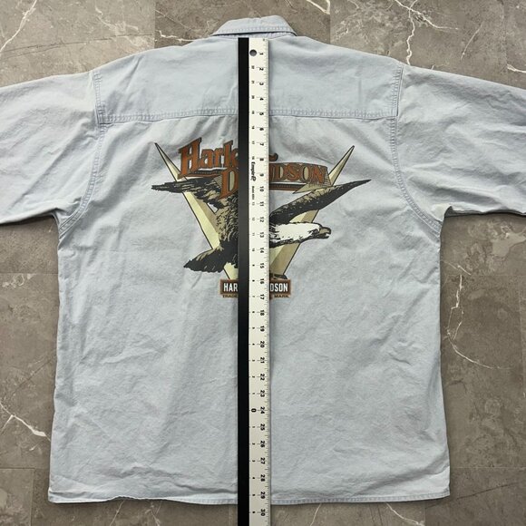 Vintage Harley Davidson Denim Shirt Mens XL Graphic Short Sleeve Button Up Eagle - Picture 10 of 11